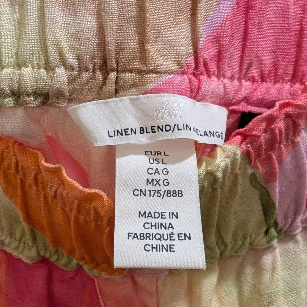 H&M Linen Blend Pull-On Shorts High Waist Pockets Pink Orange Leaf-Patterned- L - Picture 11 of 12
